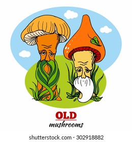 Vector illustration of an old sad mushrooms.