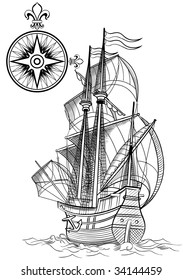 ilustración vectorial de un barco de vela antiguo