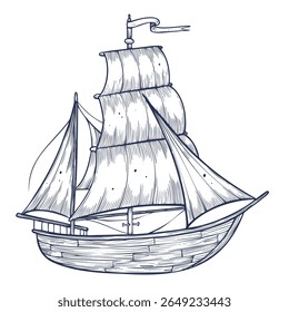 Vector illustration of old sailing Ship for pirate designs, marine invitations or nautical decoration. Linear drawing of retro Sailboat or vessel painted by inks. Outline art of Galleon.