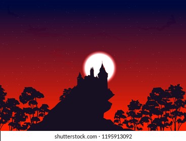 vector illustration of old scary castle under red night sky 