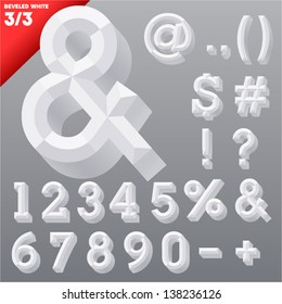 Vector illustration of old school beveled alphabet. Simple white version. Symbols