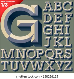 Vector illustration of old school beveled alphabet. Simple colored version. Upper case