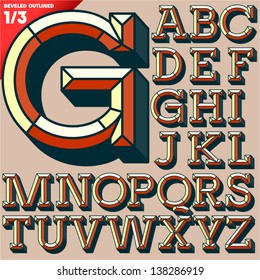 Vector illustration of old school beveled alphabet. Outlined version. Upper case