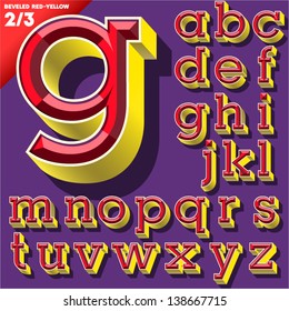 Vector illustration of old school beveled alphabet. Simple colored version. Small case