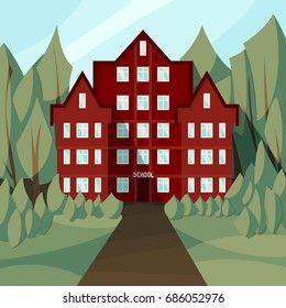Vector illustration of an old school on a background of greenery