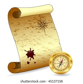Vector illustration of an old scroll paper with a compass, wind-rose, blot