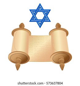 Vector illustration old scroll papyrus and star of David on a white background. Cartoon image of the Torah in the unfolded state.