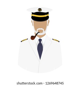 Vector illustration old sea captain with smoking pipe in white uniform. Sailor. Seaman