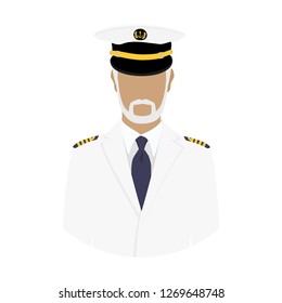 Vector illustration old sea captain character in white uniform. Sailor. Seaman