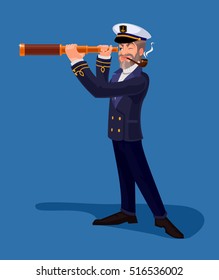 Vector illustration of an old sea captain smoking a pipe and looking through spyglass
