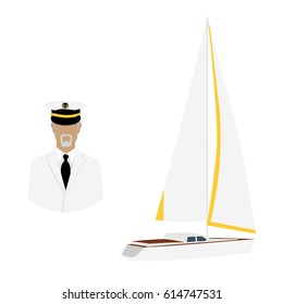 Vector illustration old sea captain in white uniform. Sailor. Seaman. Sailing luxury yacht.