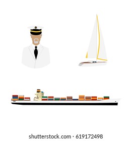 Vector illustration old sea captain in white uniform. Sailor. Seaman. Sailing luxury yacht and cargo ship with containers
