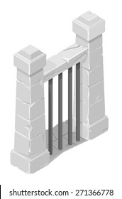 A vector illustration of an old security gate.
Isometric gate barrier illustration.
Old wall and gate security.