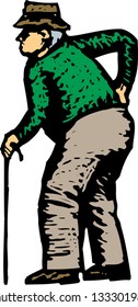 Vector illustration of old senior man walking with cane