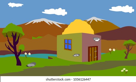 Vector illustration. The old shepherd's house in the mountains. The picture shows the house on which a haystack, stock for the winter