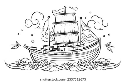 Vector Illustration, Illustration of Old Ship with clouds and plants around