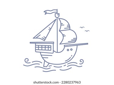Vektorgrafik des alten Schiffes mit Segel und Wellen auf weißem Hintergrund. Flache Linie Art-Design-Design des Schiffes auf See für Web, Banner, Poster, Druck