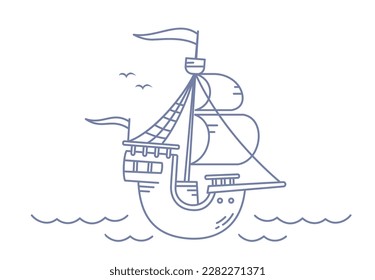Vector illustration of old ship with sail and wave on white color background. Flat line art style design of ship at see for web, banner, poster, print