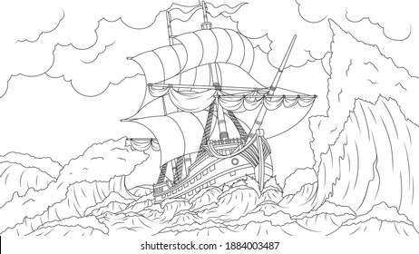 Vector illustration, old ship sailing in a storm, wrecked, coloring book