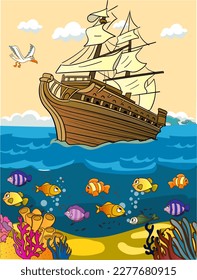 vector illustration of old ship at sea