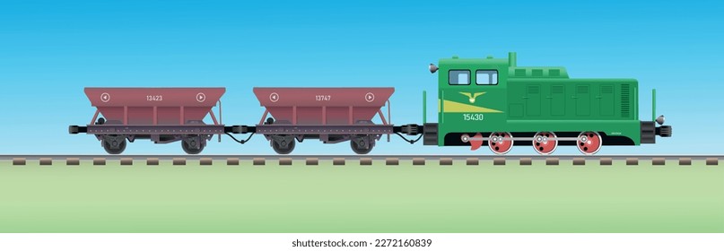 Vector illustration old shunting diesel locomotive with wagons for bulk materials