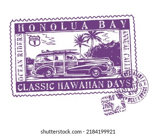 Vector illustration of old stamp with surfer car and allusion to Hawaii.