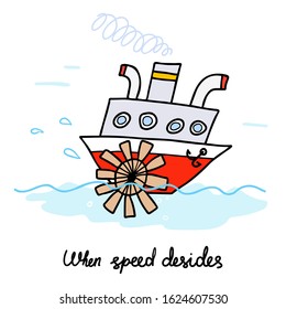 Vector illustration of old steamer in the ocean. Doodle style.Vector image can be used for web design and other crafts.
