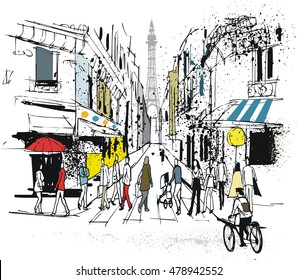 Vector illustration of old street and buildings in Paris France with pedestrians.