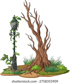 Vector illustration of old street lamp with vines, next to barren tree and wild grass
