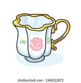 Vector illustration of old style coffee cup with gold borders and flower on the side isolated on white background