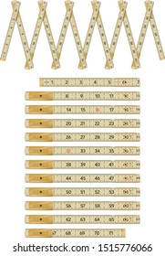 Vector illustration of am old style folding carpenter’s ruler, in inches. Each section is group separately so different lengths and shapes can be made.