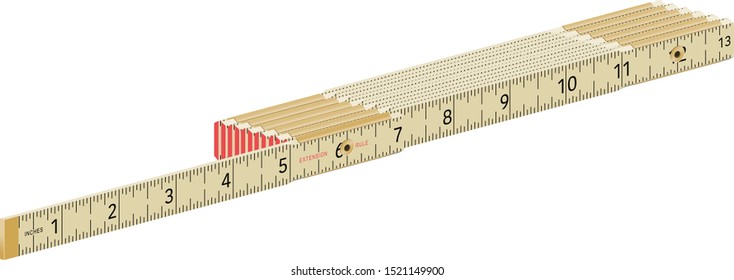 Vector illustration of am old style folding carpenter’s ruler, in inches. Each section is group separately so different lengths and shapes can be made.