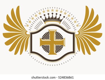 Vector illustration of old style heraldic emblem decorated with eagle wings and made with Christian religious cross and royal crown