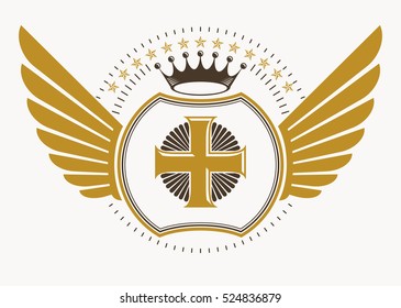 Vector illustration of old style heraldic emblem decorated with eagle wings and made with religious cross and monarch crown