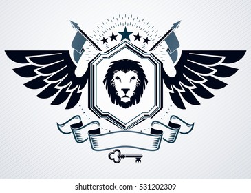 Vector illustration of old style heraldic emblem made with pentagonal stars and wild lion illustration