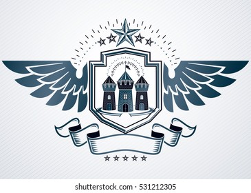 Vector illustration of old style heraldic emblem made with pentagonal stars and medieval tower