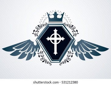 Vector illustration of old style heraldic emblem made with imperial crown and Christian religious cross