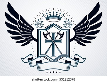 Vector illustration of old style heraldic emblem made with imperial crown and armory
