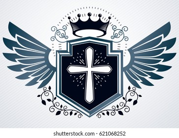 Ilustración vectorial del emblema herálico de estilo antiguo hecho con corona imperial y cruz religiosa cristiana