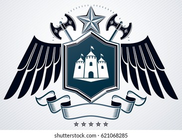 Vector illustration of old style heraldic emblem made with pentagonal star, medieval castle and eagle wings