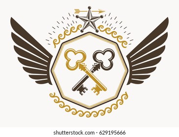 Vector illustration of old style heraldic emblem made with keys and pentagonal stars