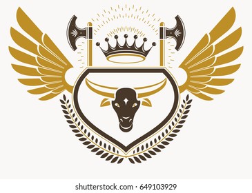 Vector illustration of old style heraldic emblem decorated with eagle wings and made with bull head illustration and monarch crown