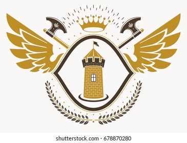 Vector illustration of old style heraldic emblem decorated with eagle wings and made with medieval fortress and crown