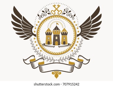 Vector illustration of old style heraldic emblem made with pentagonal stars and medieval tower