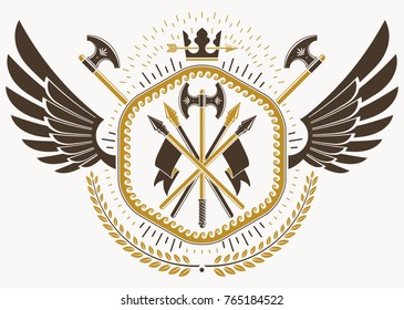 Vector illustration of old style heraldic emblem made with eagle wings, hatchets and monarch crown