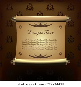 Vector illustration of old style parchment scroll, golden color paper roll for your text advertisement announcement invitation list isolated on dark brown background with damask seamless pattern on it