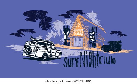 Vector illustration of an old surfer car in a landscape representing a nightclub.