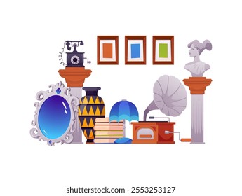 Ilustración vectorial de cosas antiguas en venta en tienda de antigüedades. Artículos retro para la venta: gramófono, espejo, estatua, florero, libros, pinturas, teléfono vintage. Estilo plano de la historieta.