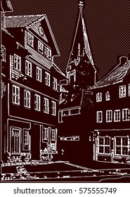 vector illustration of old town with buildings and a tower with a stone pavement drawn by hand