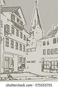 vector illustration of old town with buildings and a tower with a stone pavement drawn by hand